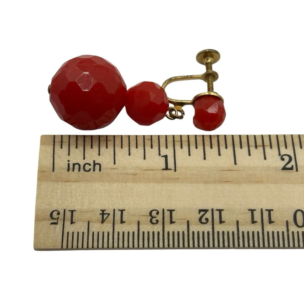 Cherry Red Faceted Bead Earrings Screw Back MCM Drop‎ Dangle VTG 50's Plastic